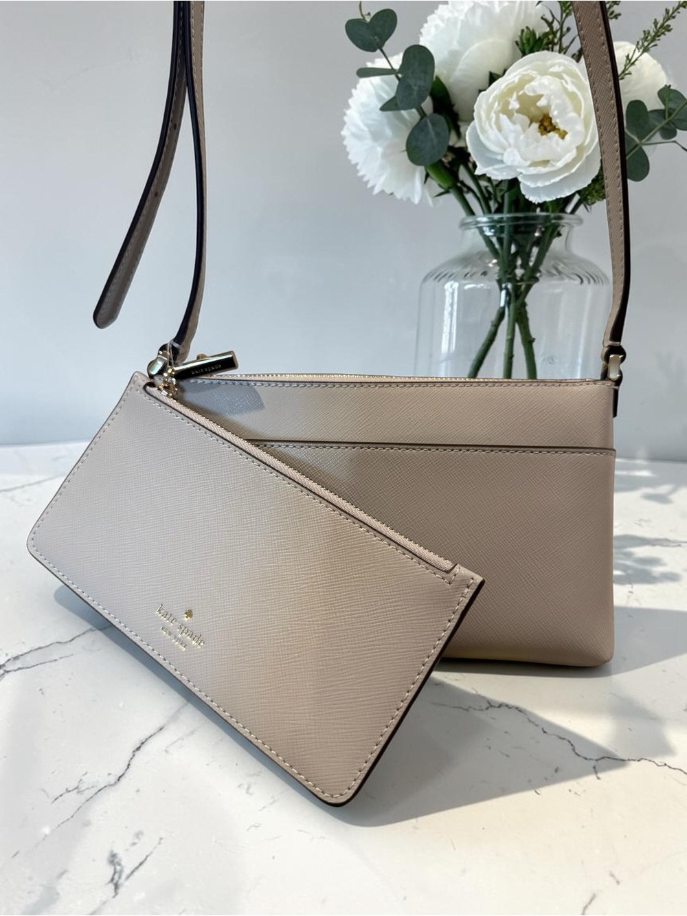 Kate Spade Saffiano Leather Crossbody “Sadie” Set (2 piece) Platinum Gray NWT